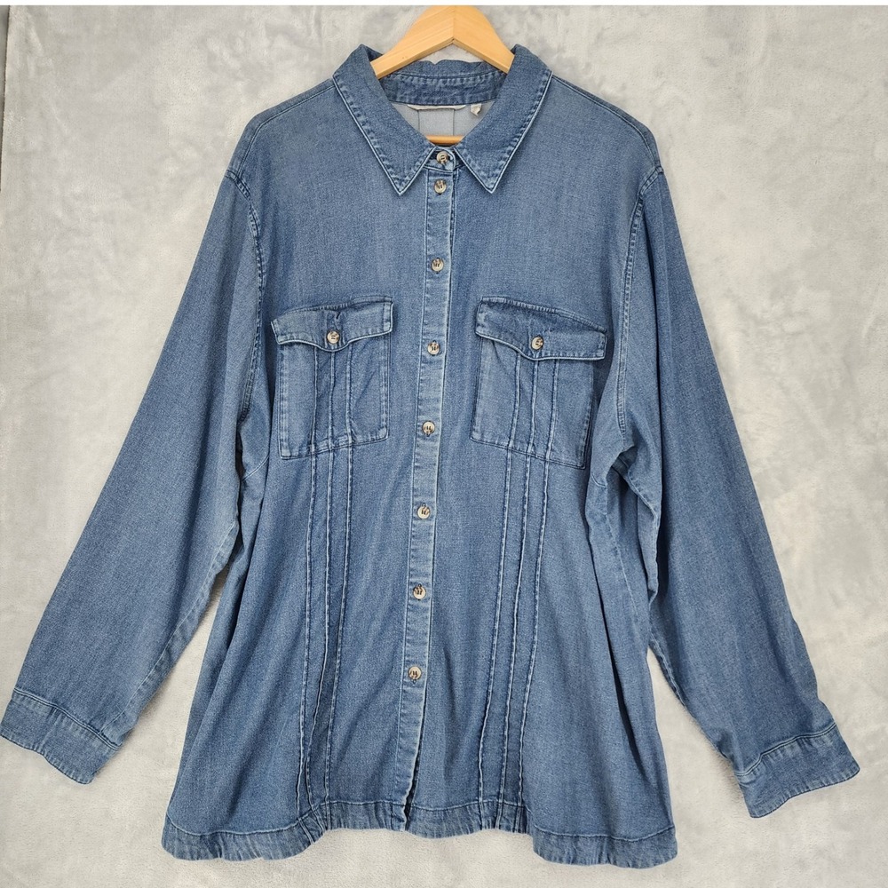 Soft Surroundings Denim Shirt Womens Size 3X Pintuck Pleats Button Blue Chambray